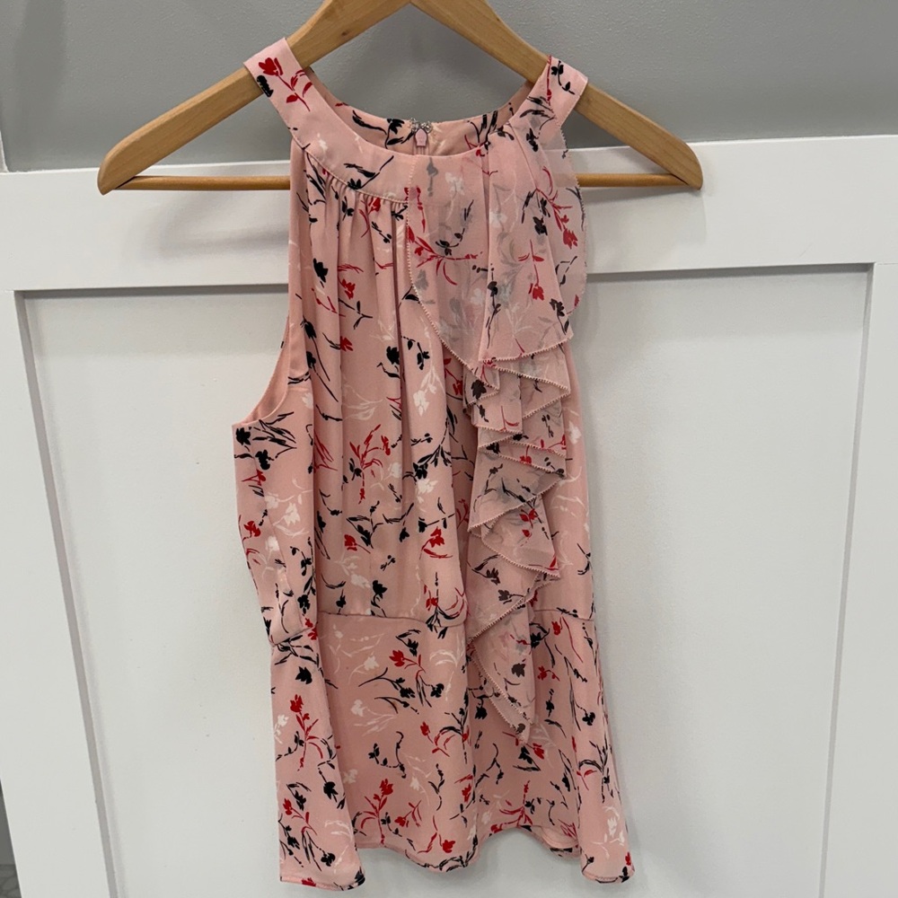 White House Black Market Pink Floral Ruffle Blouse